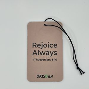 Rejoice Always Christian Car Air Freshener with Citrus Melon fragrance featuring 1 Thessalonians 5:16 Bible verse.