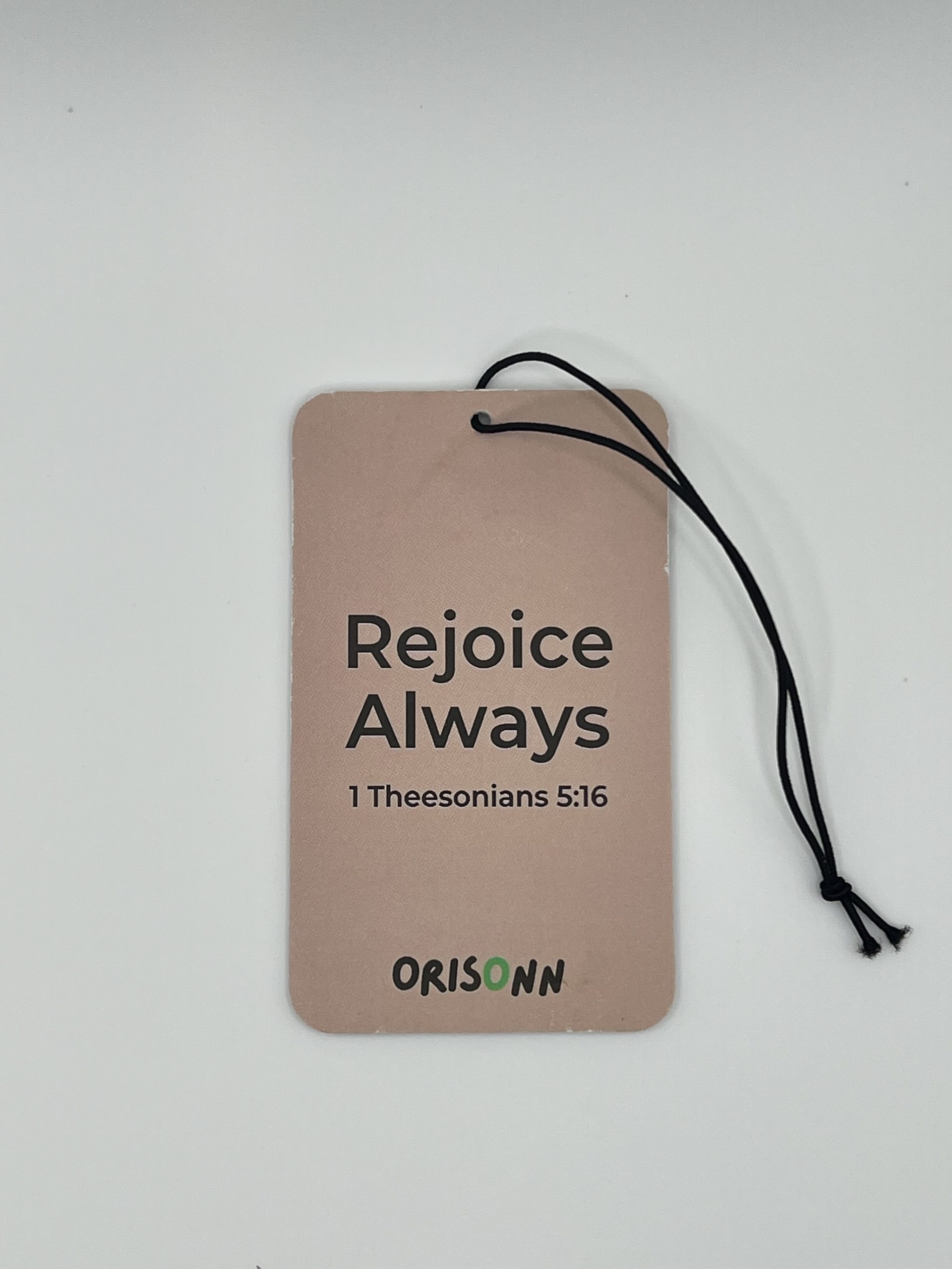 Rejoice Always Christian Car Air Freshener with Citrus Melon fragrance featuring 1 Thessalonians 5:16 Bible verse.