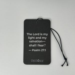 Psalm 27:1 Christian Car Air Freshener with Black Ice fragrance featuring The Lord Is My Light and My Salvation Bible verse.