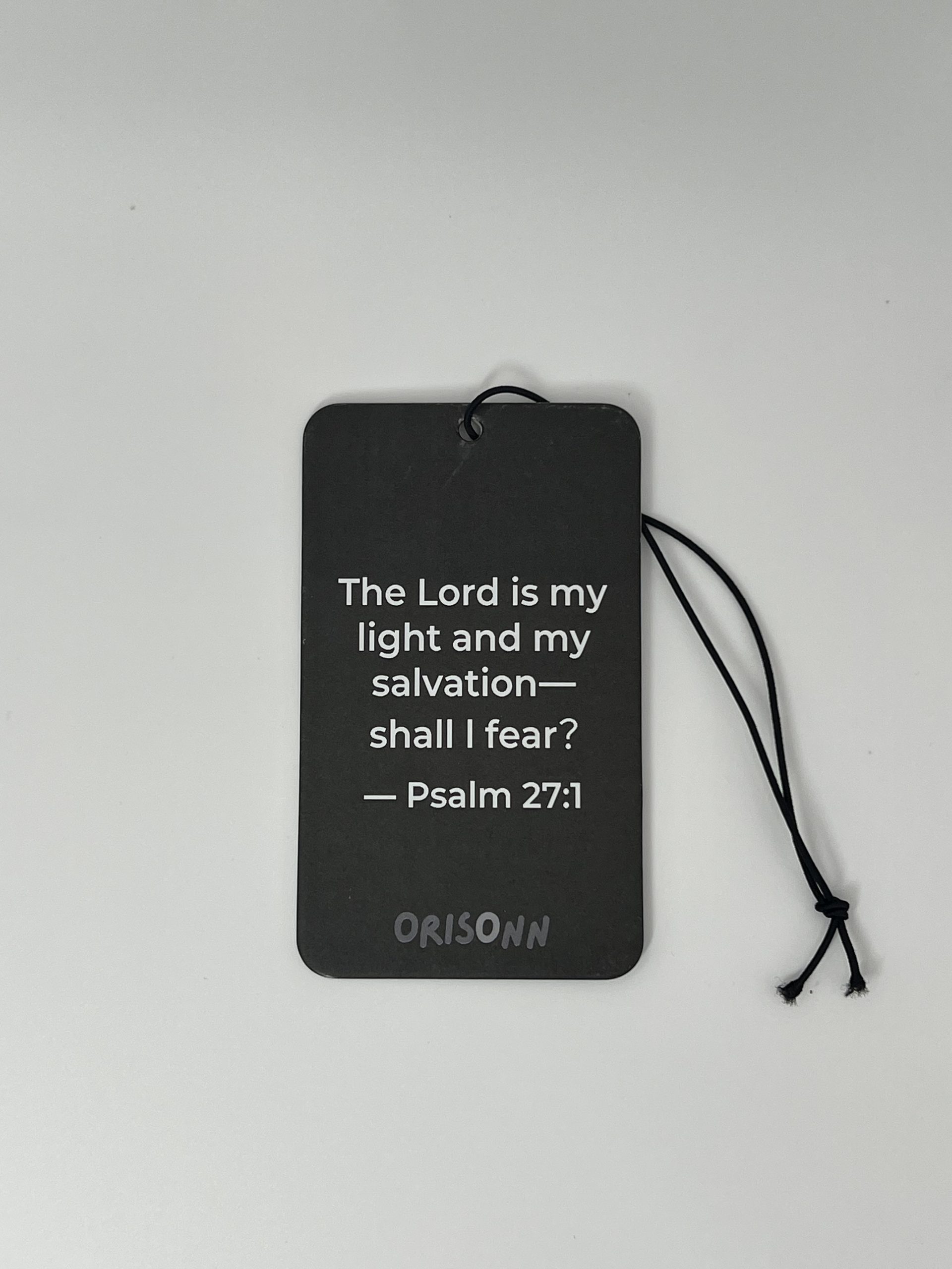 Psalm 27:1 Christian Car Air Freshener with Black Ice fragrance featuring The Lord Is My Light and My Salvation Bible verse.