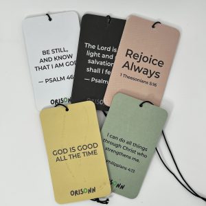 Christian Car Air Freshener Gift Set with 5 Bible Verse designs including Psalm 46:10, Psalm 27:1, Philippians 4:13, Rejoice Always, and God Is Good All The Time.
