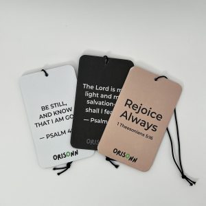 Christian Car Air Freshener 3-Pack featuring Psalm 46:10, Psalm 27:1, and 1 Thessalonians 5:16 with New Car, Black Ice, and Citrus Melon fragrances by ORISONN.