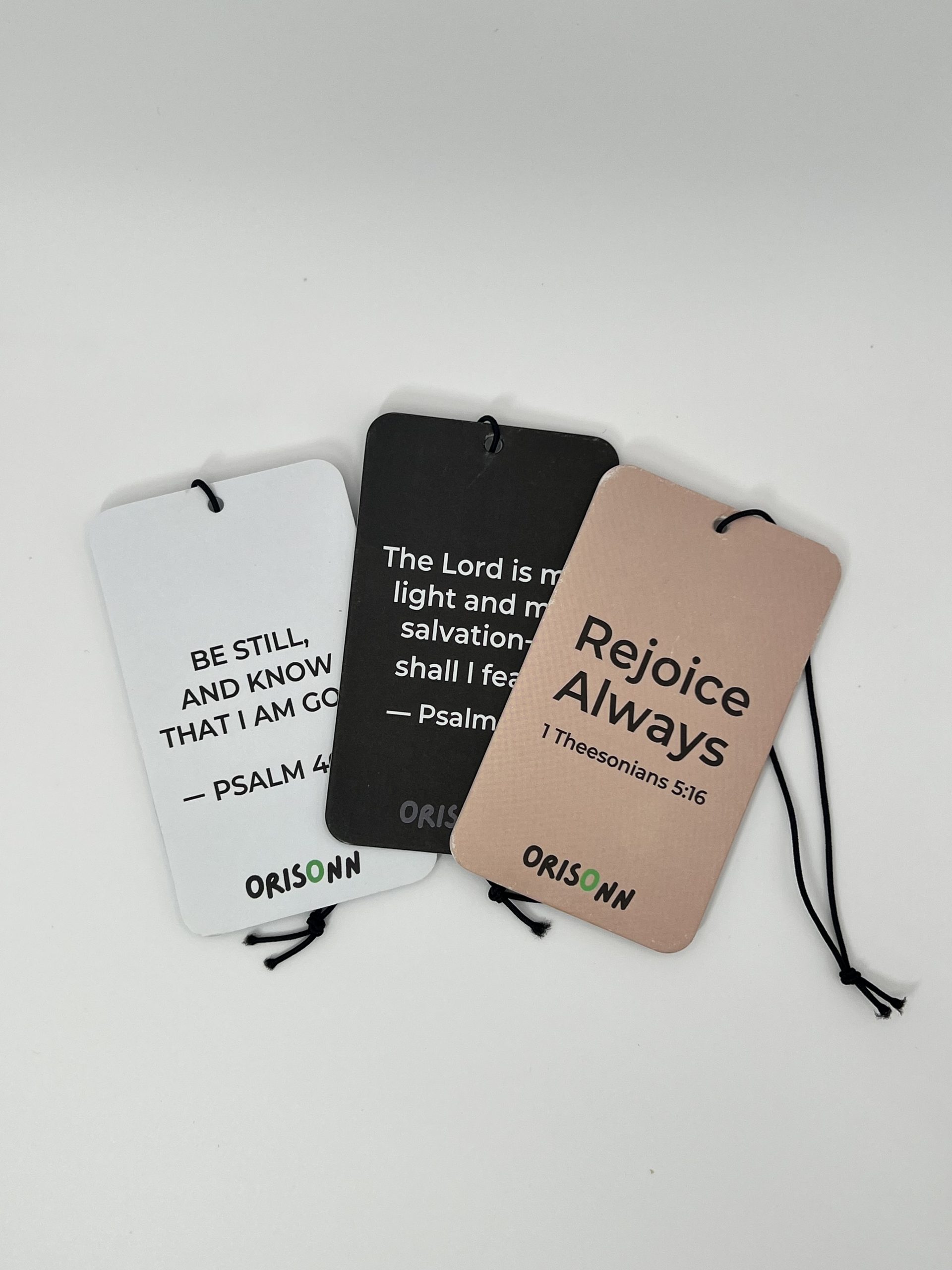 Christian Car Air Freshener 3-Pack featuring Psalm 46:10, Psalm 27:1, and 1 Thessalonians 5:16 with New Car, Black Ice, and Citrus Melon fragrances by ORISONN.