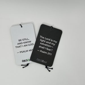 Christian Car Air Freshener 2-Pack featuring Psalm 46:10 Be Still and Know That I Am God and Psalm 27:1 The Lord Is My Light with New Car and Black Ice fragrances by ORISONN.