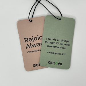 Christian Car Air Freshener 2-Pack featuring Philippians 4:13 and Rejoice Always with Royal Pine and Citrus Melon fragrances by ORISONN.