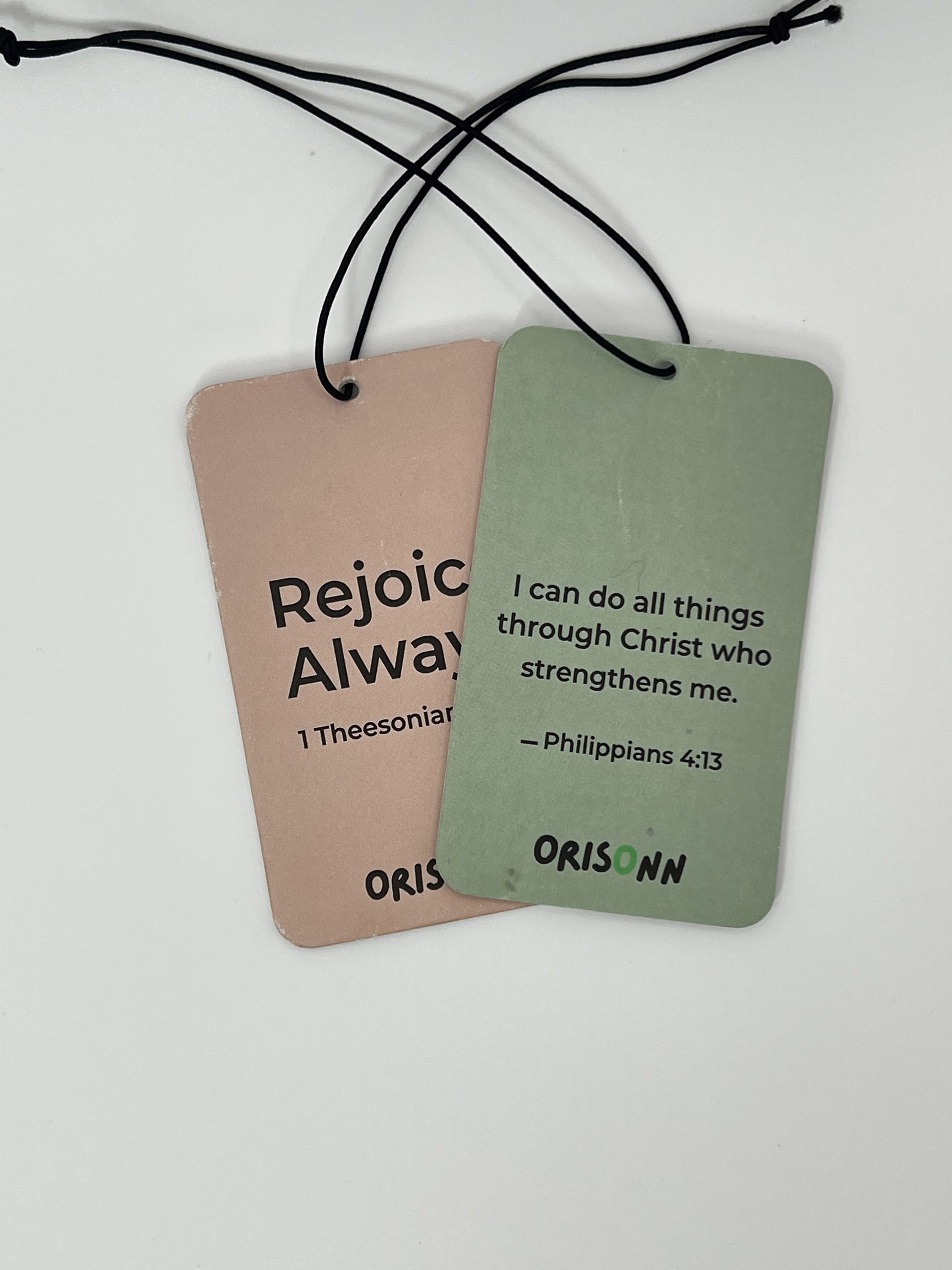 Christian Car Air Freshener 2-Pack featuring Philippians 4:13 and Rejoice Always with Royal Pine and Citrus Melon fragrances by ORISONN.