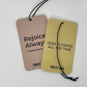 Christian Car Air Freshener 2-Pack featuring Rejoice Always (1 Thessalonians 5:16) and God Is Good All The Time with Citrus Melon and Vanilla fragrances by ORISONN.