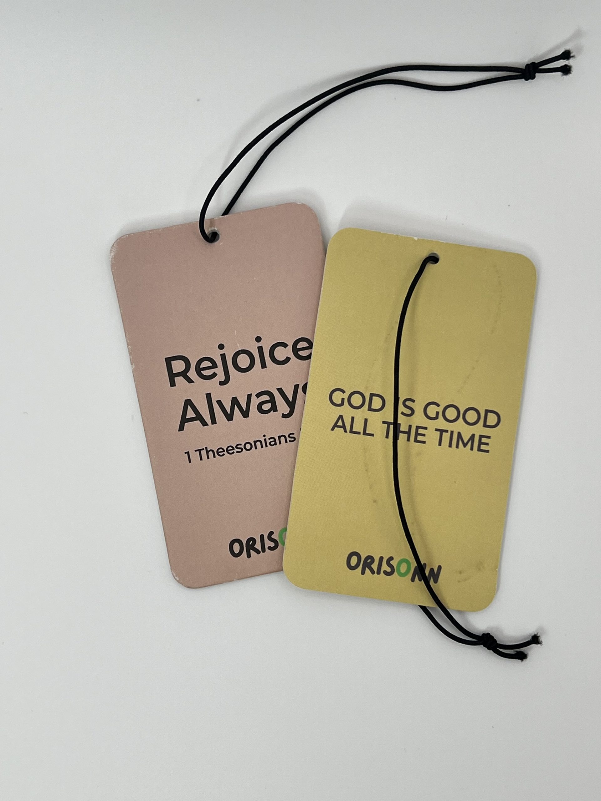 Christian Car Air Freshener 2-Pack featuring Rejoice Always (1 Thessalonians 5:16) and God Is Good All The Time with Citrus Melon and Vanilla fragrances by ORISONN.